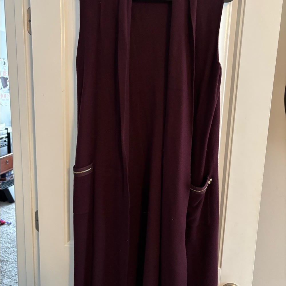 Magaschoni Sleeveless Long Open Cardigan Vest in Deep Plum
